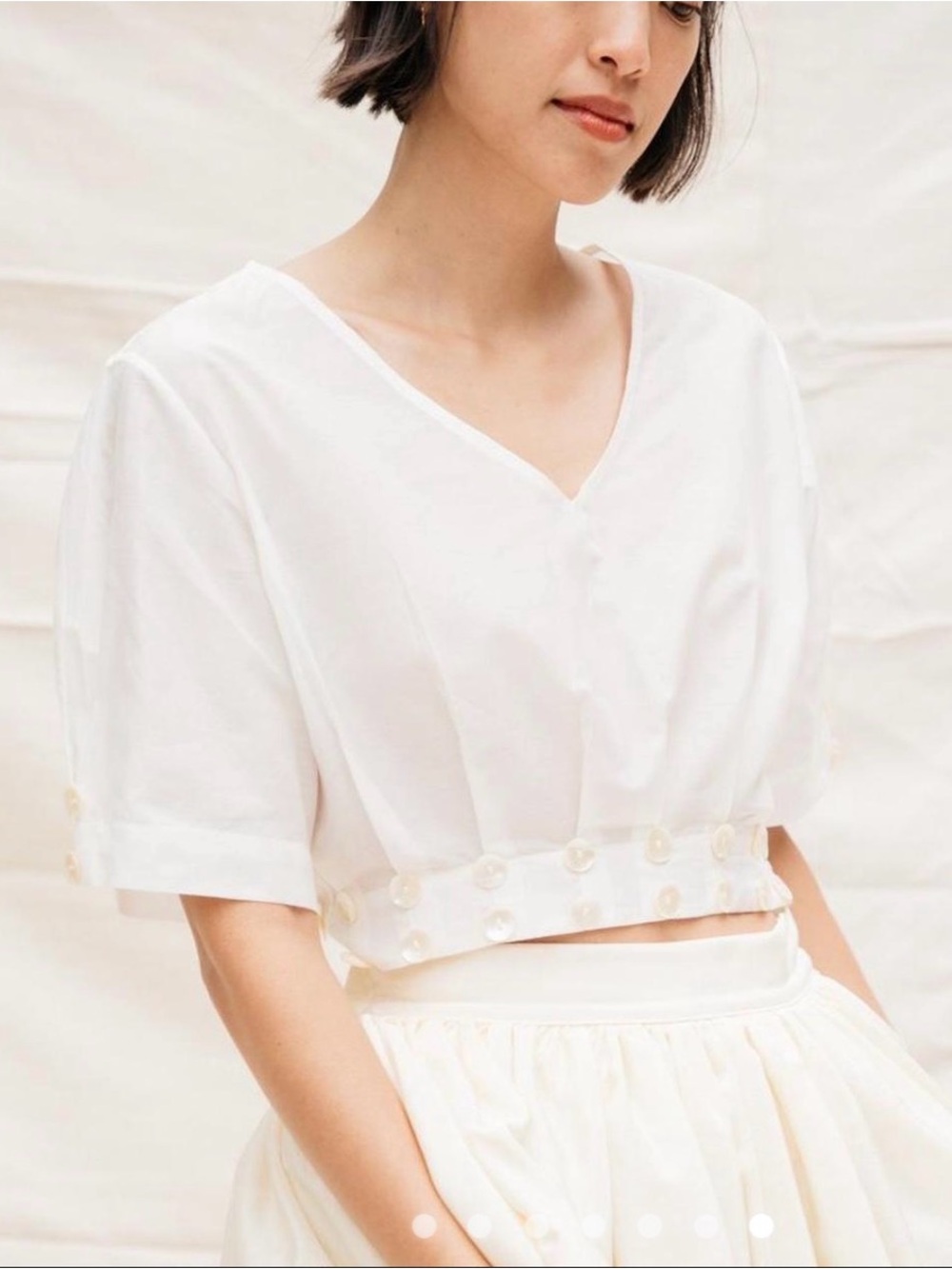 Nikki Chasin White Button-Trim Linen Crop Top